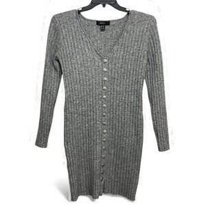 Forever 21 Plus Grey Ribbed Button Front Long Sleeve V Neck Midi Dress Size OX